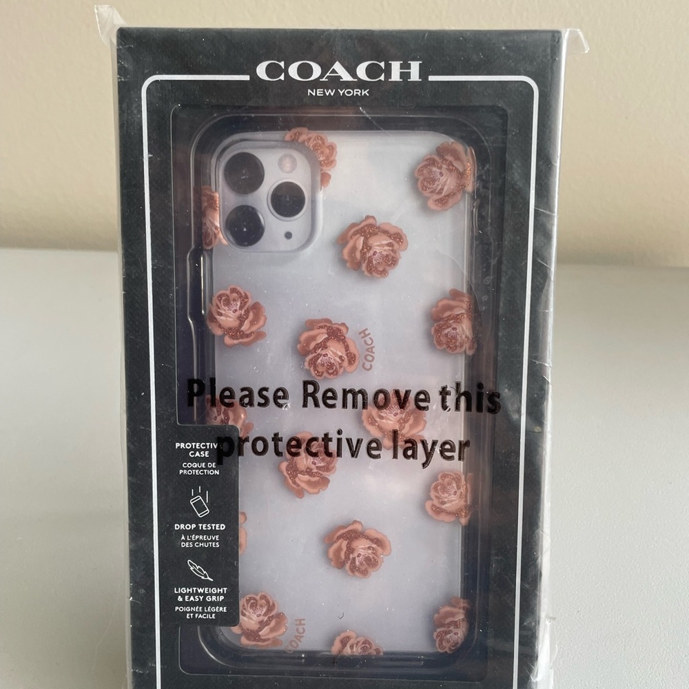 Coach New York iPhone 11 Pro Max Clear Pink Peony Flower Glitter Case Sealed Pkg